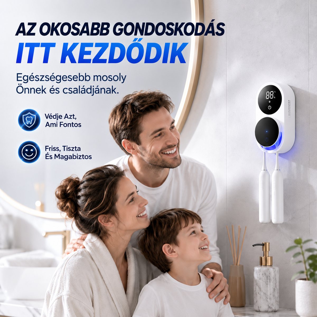 BILLHOL® WaveSense Érintésmentes, Fejlett Kétfogkefés UV-Fertőtlenítő és Szárító Állomás Automatikus Szenzoros Fedéllel