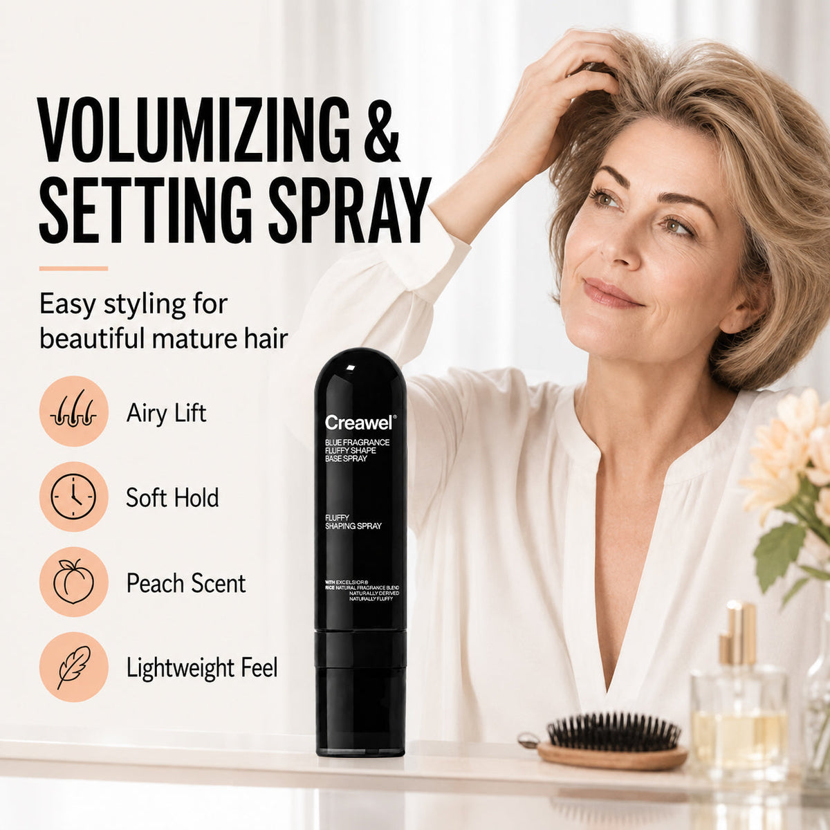 ⏳🔥LIMITED-TIME 50% OFF! ⏰ Creawel® Peach-Scented Volumizing & Setting Spray – Lightweight, Bouncy Hair & Long-Lasting Hold ✨