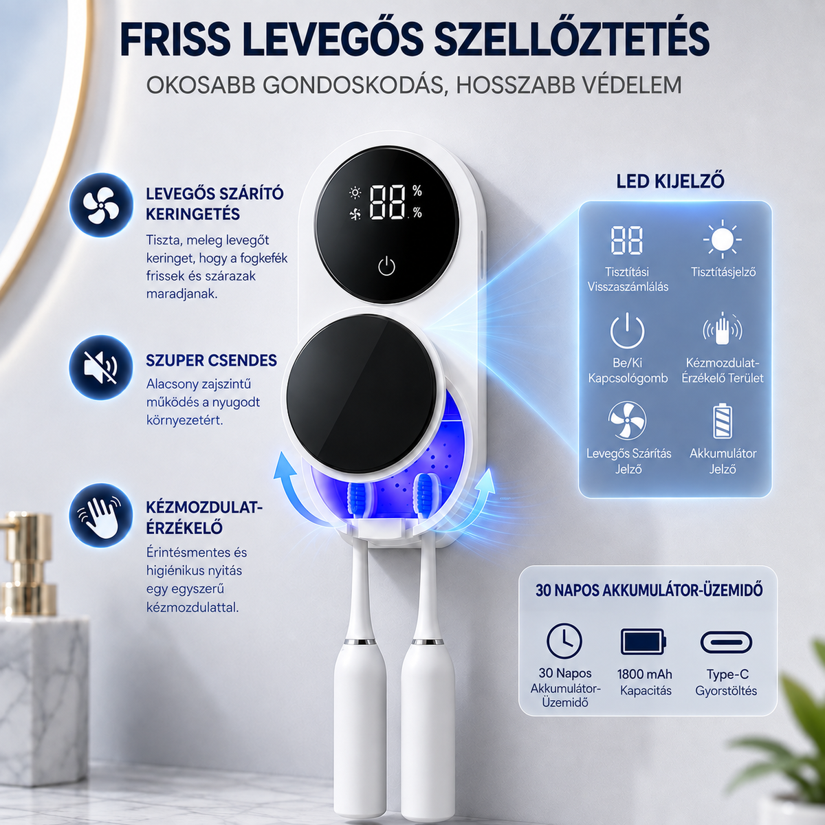 BILLHOL® WaveSense Érintésmentes, Fejlett Kétfogkefés UV-Fertőtlenítő és Szárító Állomás Automatikus Szenzoros Fedéllel