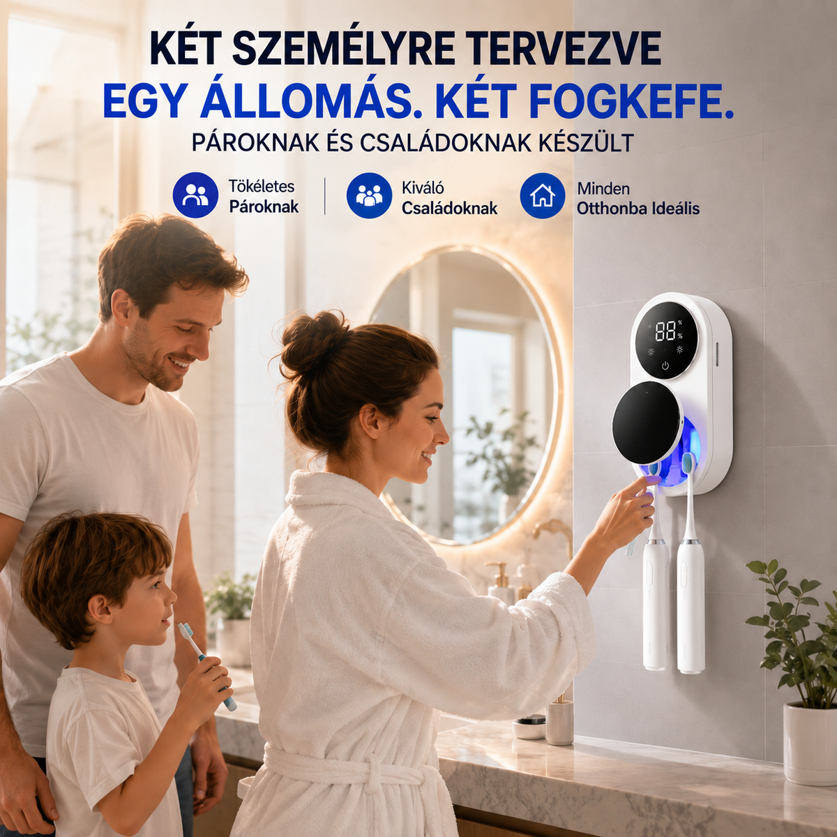 BILLHOL® WaveSense Érintésmentes, Fejlett Kétfogkefés UV-Fertőtlenítő és Szárító Állomás Automatikus Szenzoros Fedéllel