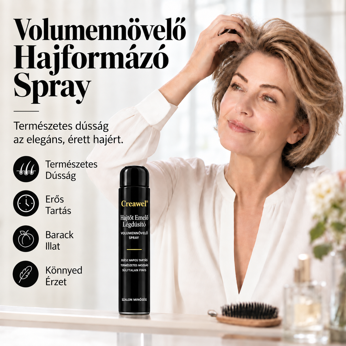⏳🔥 KORLÁTOZOTT IDEIG 70% KEDVEZMÉNY! ⏰ Creawel®✨ Barackillatú volumennövelő hajspray – Azonnali hajtőemelés, dúsabb haj és egész napos rugalmas tartás