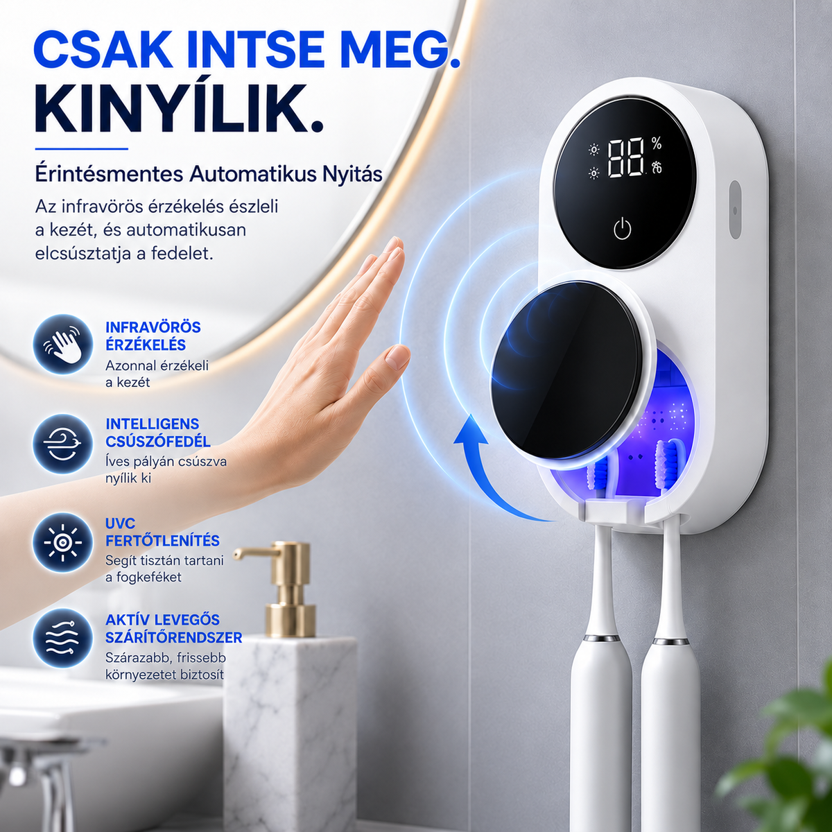 BILLHOL® WaveSense Érintésmentes, Fejlett Kétfogkefés UV-Fertőtlenítő és Szárító Állomás Automatikus Szenzoros Fedéllel