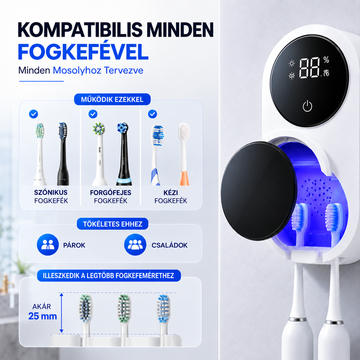 BILLHOL® WaveSense Érintésmentes, Fejlett Kétfogkefés UV-Fertőtlenítő és Szárító Állomás Automatikus Szenzoros Fedéllel