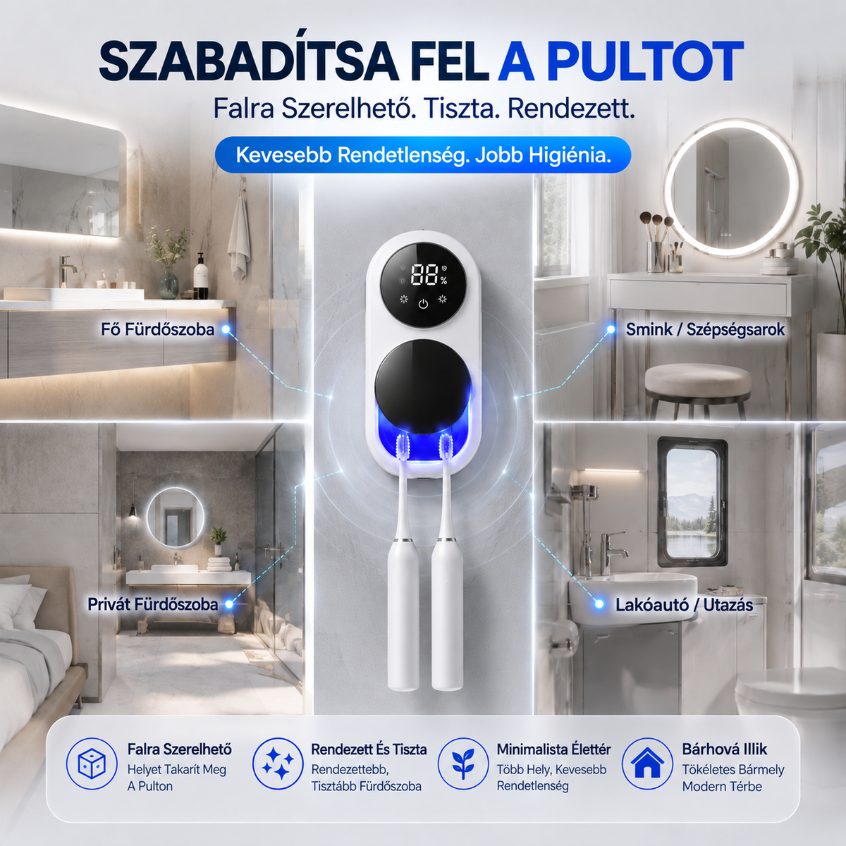 BILLHOL® WaveSense Érintésmentes, Fejlett Kétfogkefés UV-Fertőtlenítő és Szárító Állomás Automatikus Szenzoros Fedéllel