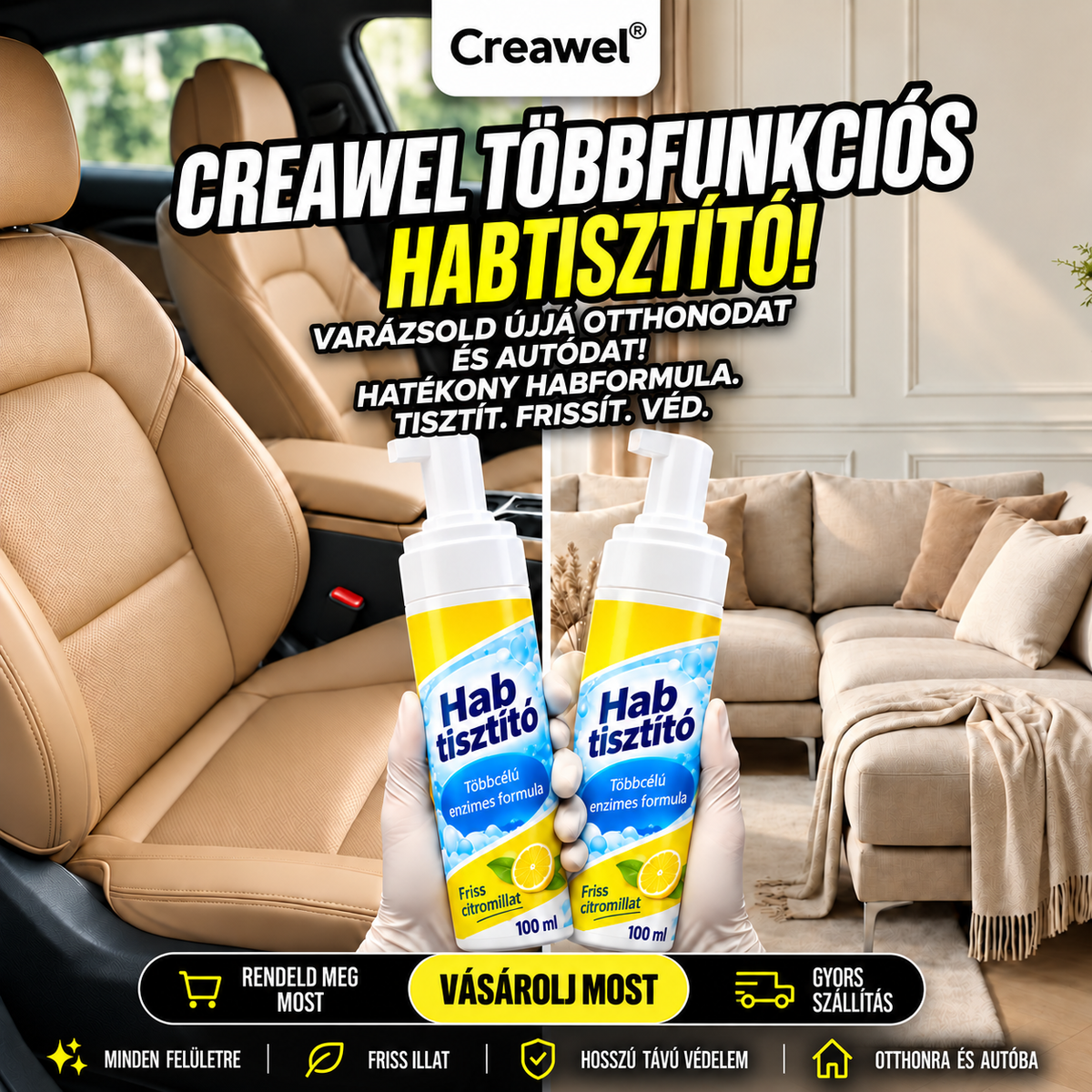 【Csak ma 80% KEDVEZMÉNY】Creawel®🔥4 az 1-ben univerzális enzimes habtisztító｜Konyhához, autóbelsőhöz, kanapéhoz és cipőhöz – egy flakon mindenre