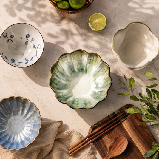 Green Reactive Glaze Petal Ceramic Bowl