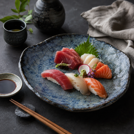Blue‑Black Reactive Glaze Wavy Edge Ceramic Plate